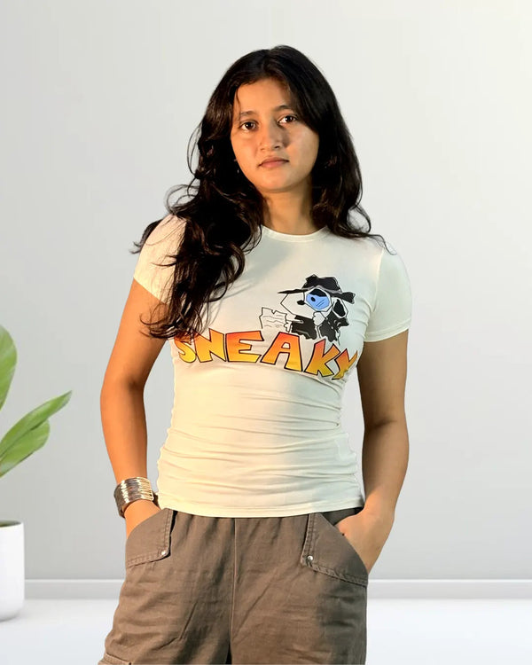 Sneaky Cartoon Graphic Fitted Crop Top Inkstyles
