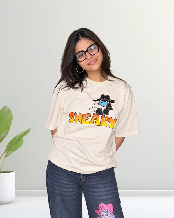 Sneaky Cartoon Graphic Unisex Oversized Round Neck T-shirt 